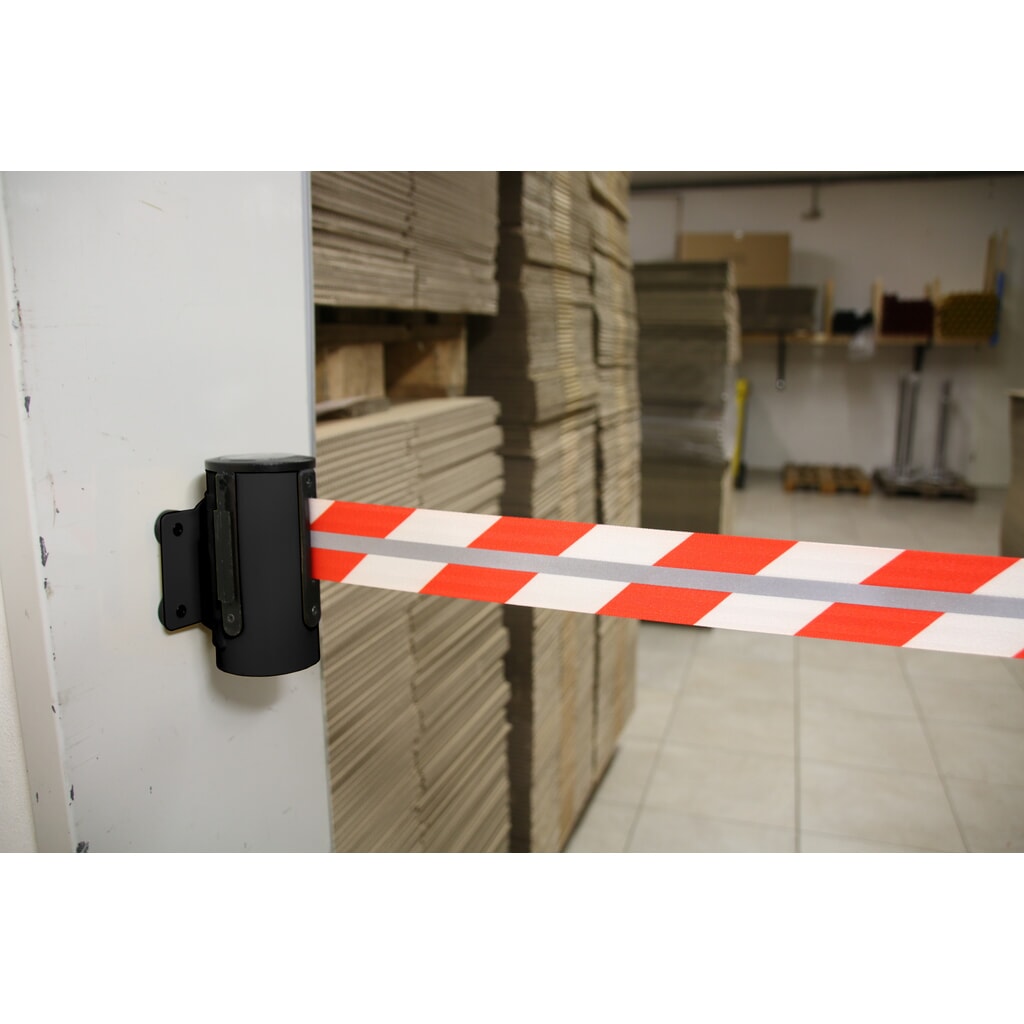 N° de l'image du produit 3 : Cassette à sangle RS-GUIDESYSTEMS® GLW 25-J REFLECTO, montage mural, longueur 4 m, largeur 50 mm, boîtier noir, sangle rouge/blanc