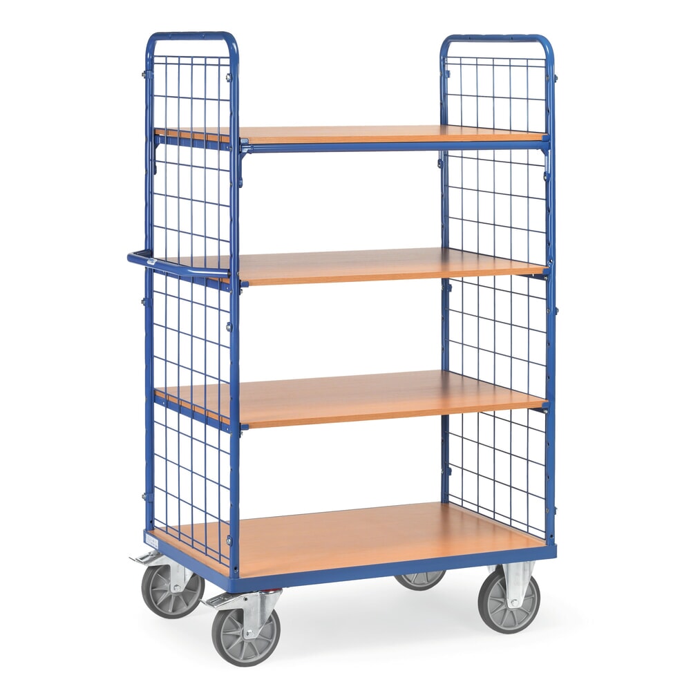 Illustration du produit: fetra® Chariot à plateaux à tablettes fixes, 2 parois grillagées, 4 plateaux de 1 000 x 600 mm