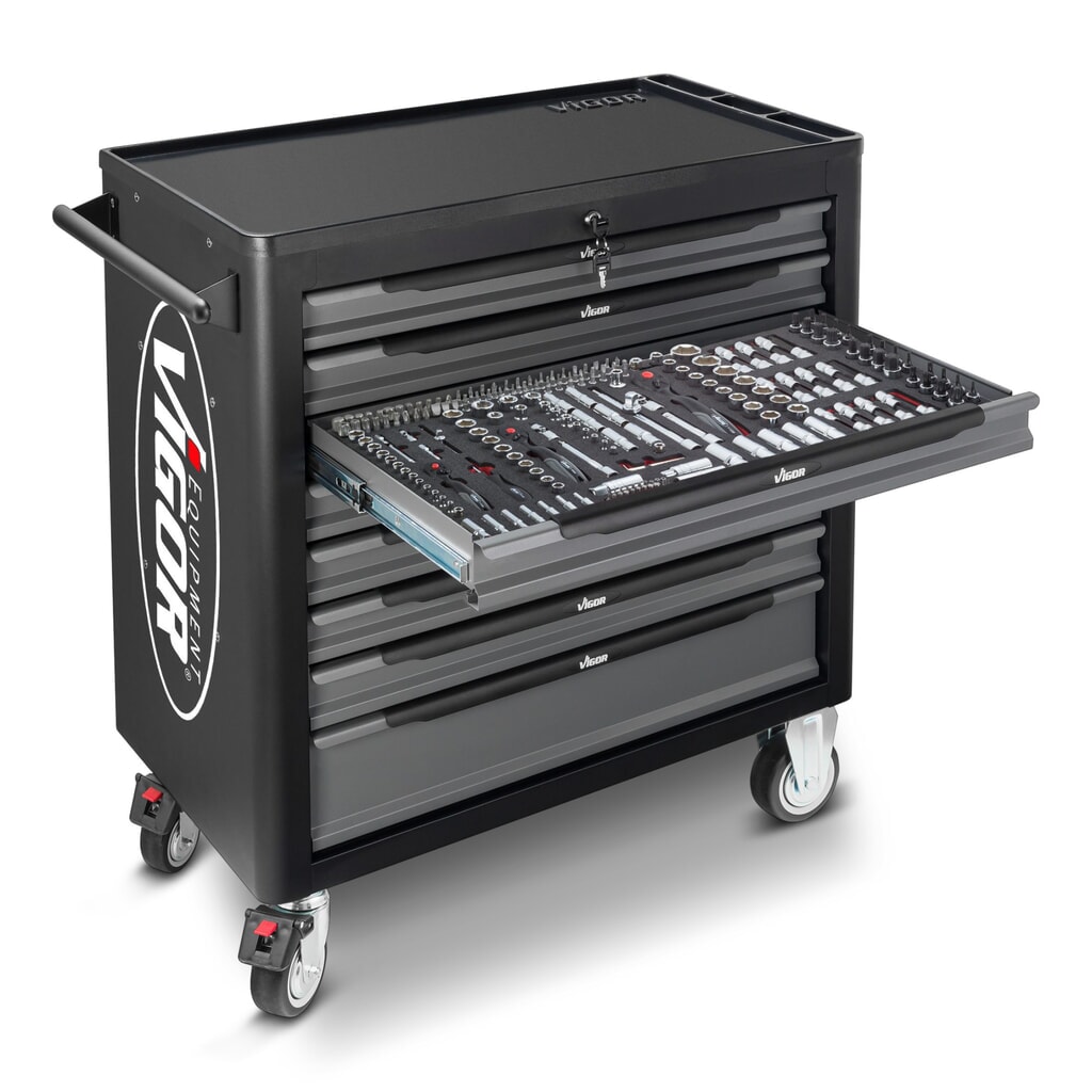 N° de l'image du produit 3 : Chariot à outils VIGOR® 1000 XL, 8 tiroirs, assortiment d'outils avec 375 pièces inclus