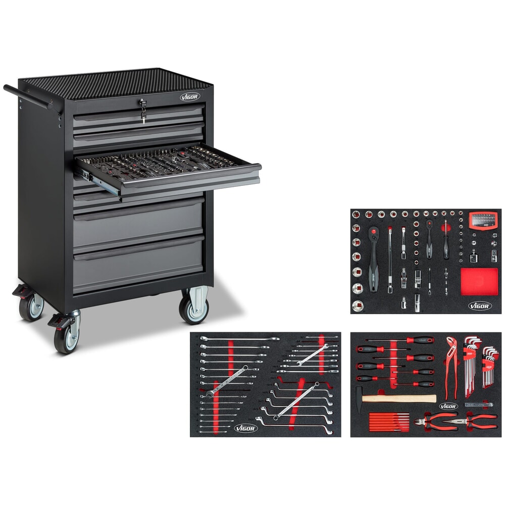 Illustration du produit: Chariot à outils VIGOR® 500N, 7 tiroirs, assortiment d'outils avec 163 pièces inclus
