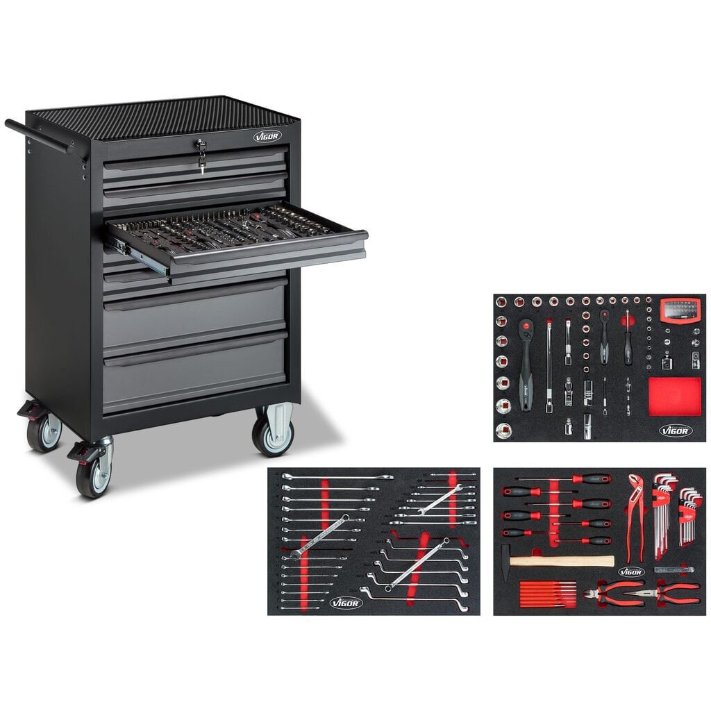 N° de l'image du produit 1 : Chariot à outils VIGOR® 500N, 7 tiroirs, assortiment d'outils avec 163 pièces inclus
