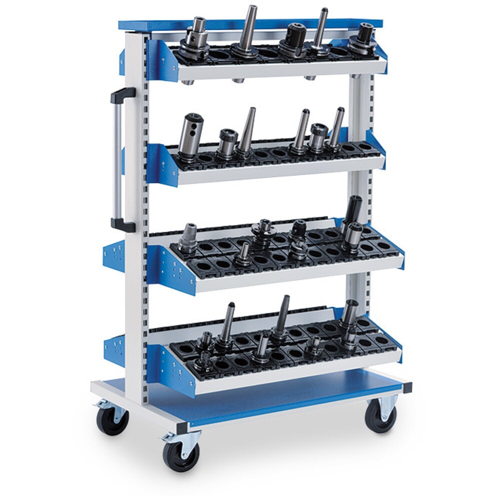 N° de l'image du produit 1 : Chariot de chargement CNC Bedrunka+Hirth, avec 4 plateaux porte-outils, H x l x P 1 450 x 990 x 610 mm, gris clair, bleu clair