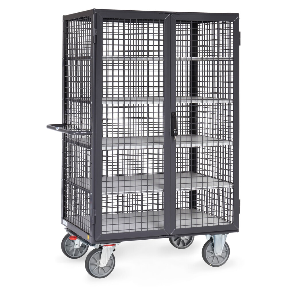 N° de l'image du produit 1 : Chariot fermé tôlé ESD fetra®, capacité de charge de 750 kg, ridelles grillagées, porte à double battant, 5 étagères de 1 000 x 680 mm