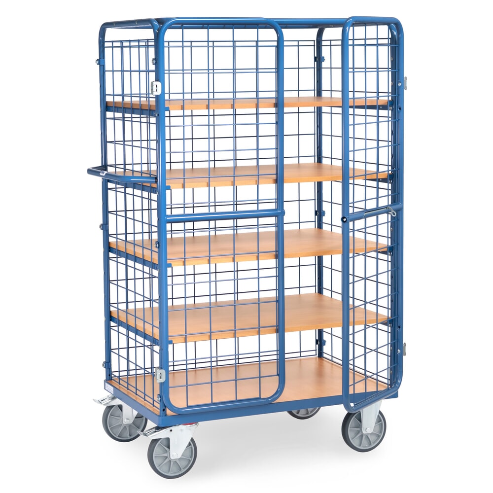 Illustration du produit: Chariot fermé tôlé fetra®, capacité de charge de 600 kg, ridelles grillagées, porte à double battant, 5 étagères de 1 000 x 700 mm