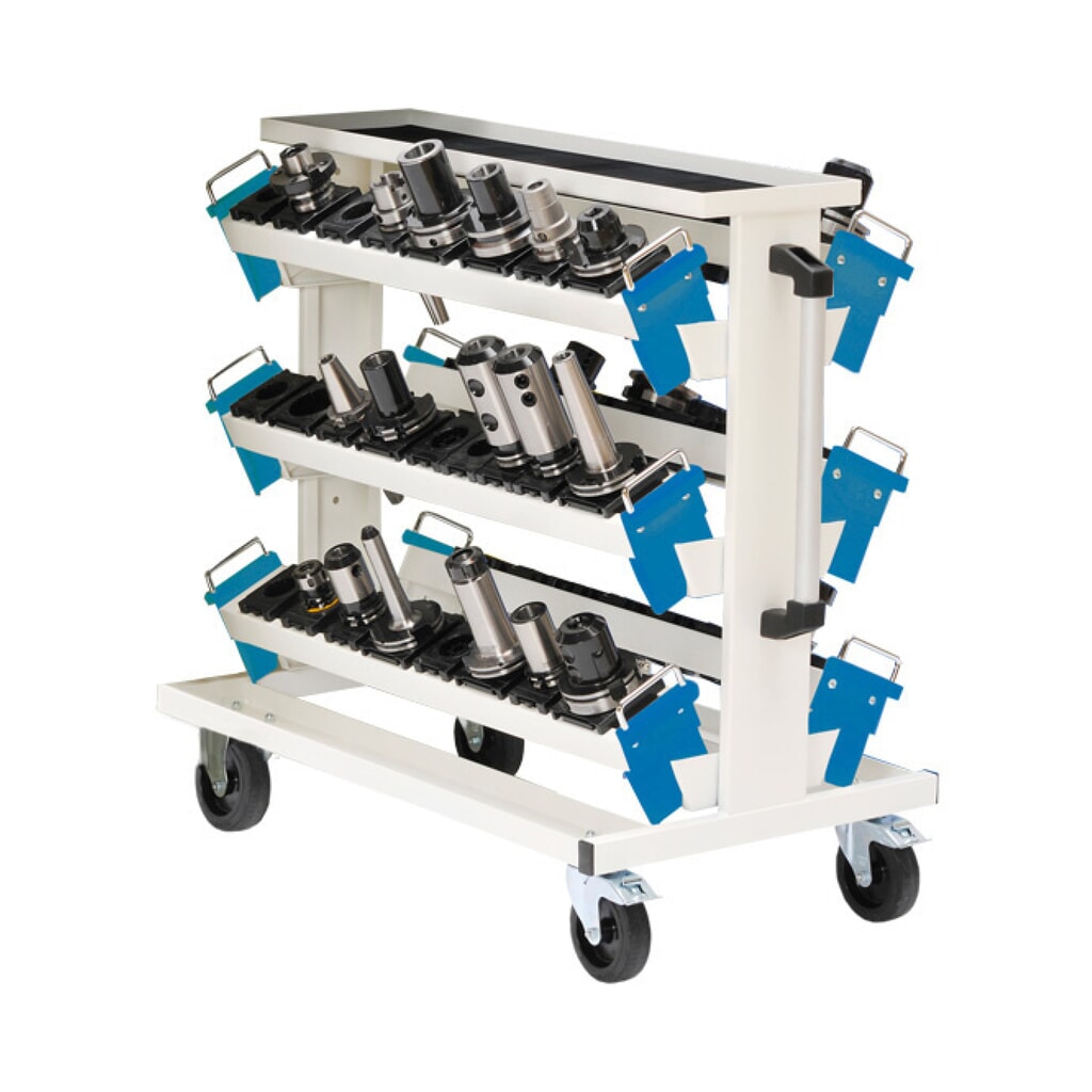 N° de l'image du produit 1 : Chariot pour outils Bedrunka+Hirth pour outils CNC, avec 6 porte-outils, gris clair, bleu clair, H x l x p 950 x 560 x 930 mm