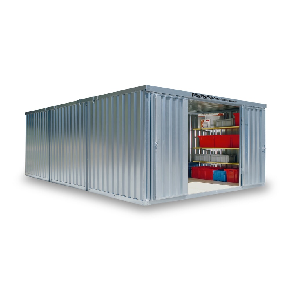 Illustration du produit: Combinaison de conteneur à matériaux FLADAFI®, démontée, 25 m², sans étagère, haut. x larg. x prof. 2 115 x 4 050 x 6 520 mm, porte à un battant, au centre du module