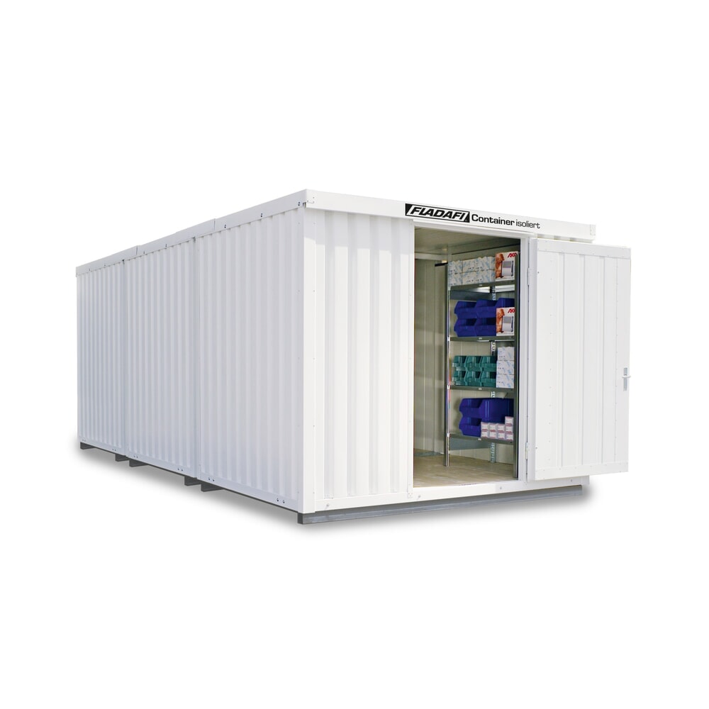 Illustration du produit: Combinaison de conteneur à matériaux FLADAFI®, isolé, 18 m², avec sol isolé, haut. x larg. x prof. 2 500 x 3 050 x 6 520 mm, porte à doubles battants (division asymétrique), au centre de la face avant, porte supplémentaire