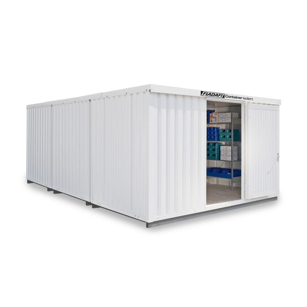 Illustration du produit: Combinaison de conteneur de matériaux FLADAFI®, isolé, 25 m², avec sol isolé, haut. x larg. x prof. 2 500 x 4 050 x 6 520 mm, porte à doubles battants (division asymétrique), centrée sur la face avant