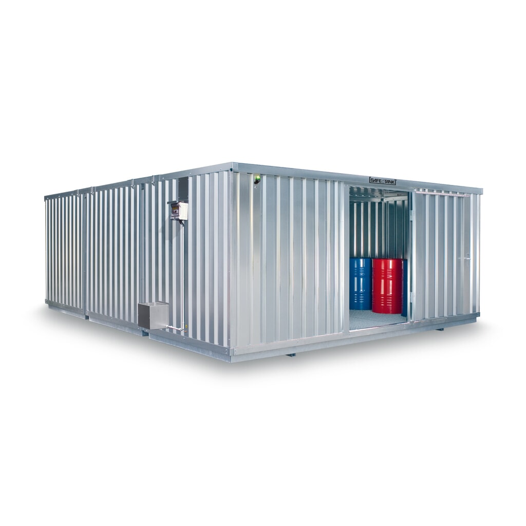 Illustration du produit: Combinaison de conteneurs pour substances dangereuses SAFE Tank 5000 ECO, à haut rendement énergétique grâce à la commande du ventilateur en fonction des besoins, dimensions extérieures 5 380x6 520x2 300 mm, porte à un battant, au milieu du