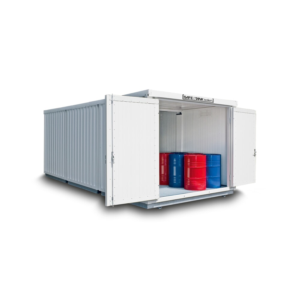 Illustration du produit: Combinaison de conteneurs pour substances dangereuses SAFE Tank 4000 WGK, isolés, prémontés, revêtement plastique RAL 9002, dimensions extérieures 5 080x4 340x2 520 mm, porte à doubles battants (division asymétrique), au centre du côté large,