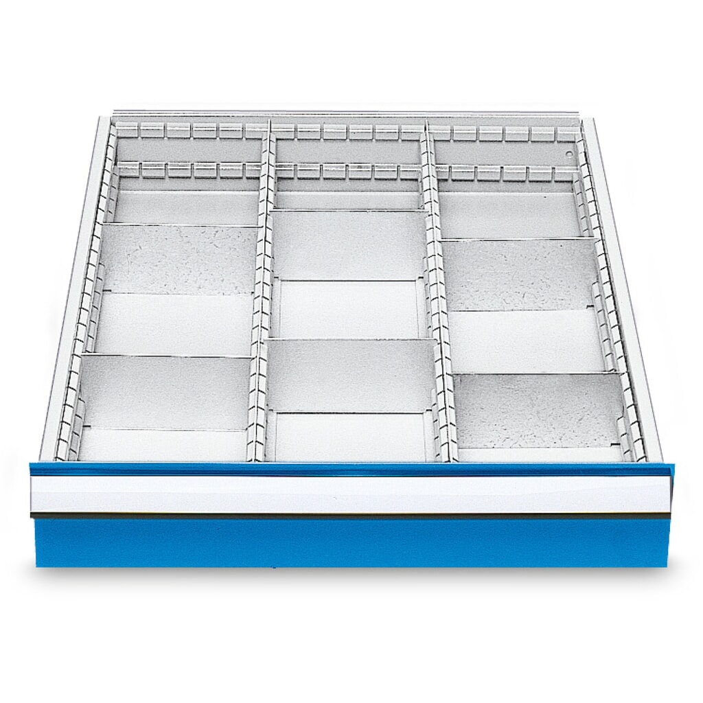 Compartimentage de tiroir métallique pour établis en ligne Bedrunka+Hirth, pour une hauteur de façade de 150 mm, 9 compartiments Illustration du produit: Compartimentage de tiroir métallique pour établis en ligne Bedrunka+Hirth, pour une hauteur de façade de 150 mm, 9 compartiments