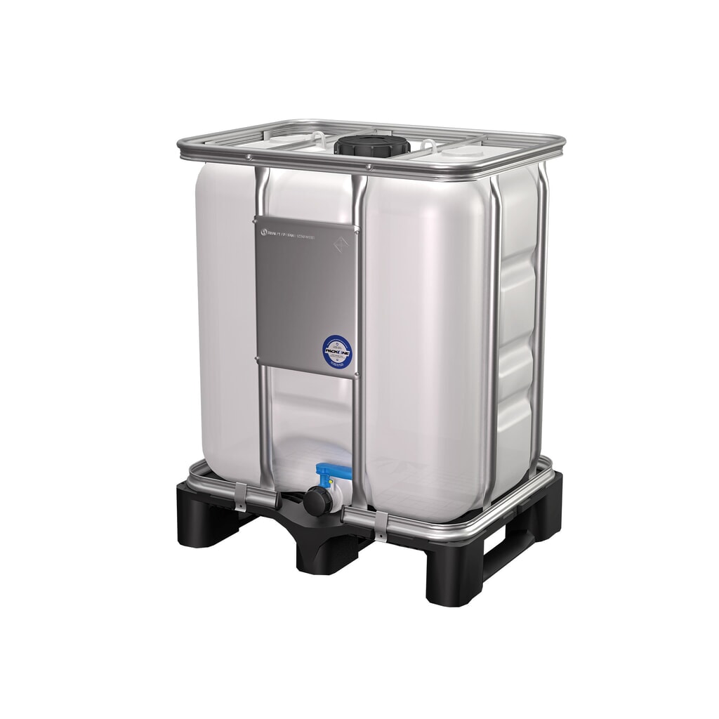 Conteneur IBC, sur palette plastique, avec cadre en tube d’acier galvanisé, 300 litres, homologué UN Illustration du produit: Conteneur IBC, sur palette plastique, avec cadre en tube d’acier galvanisé, 300 litres, homologué UN
