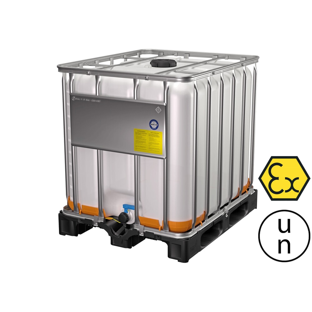 Illustration du produit: Conteneur IBC, sur palette en plastique, avec cadre en tube d’acier galvanisé, 1 000 litres, avec protection antidéflagrante