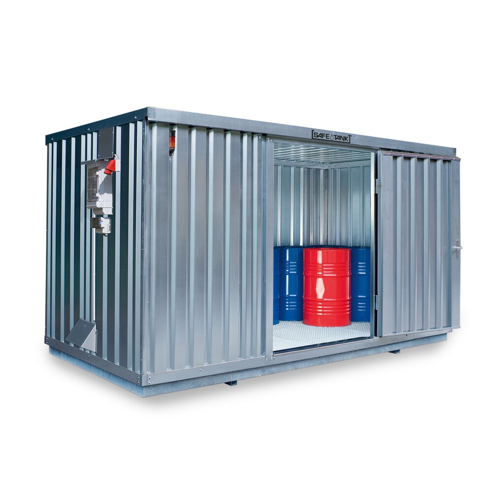 Illustration du produit: Conteneur pour substances dangereuses SAFE Tank 1350 CONTROL, dispositif antidéflagrant automatisé pour une efficacité énergétique et une sécurité maximales, dimensions extérieures 4 350x2 170x2 300 mm, porte à un battant, au centre du côté