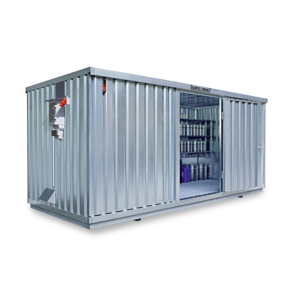 Illustration du produit: Conteneur pour substances dangereuses SAFE Tank 1700 CONTROL, dispositif antidéflagrant automatisé pour une efficacité énergétique et une sécurité maximales, dimensions extérieures 5 380x2 170x2 300 mm, porte à un battant, au centre du côté