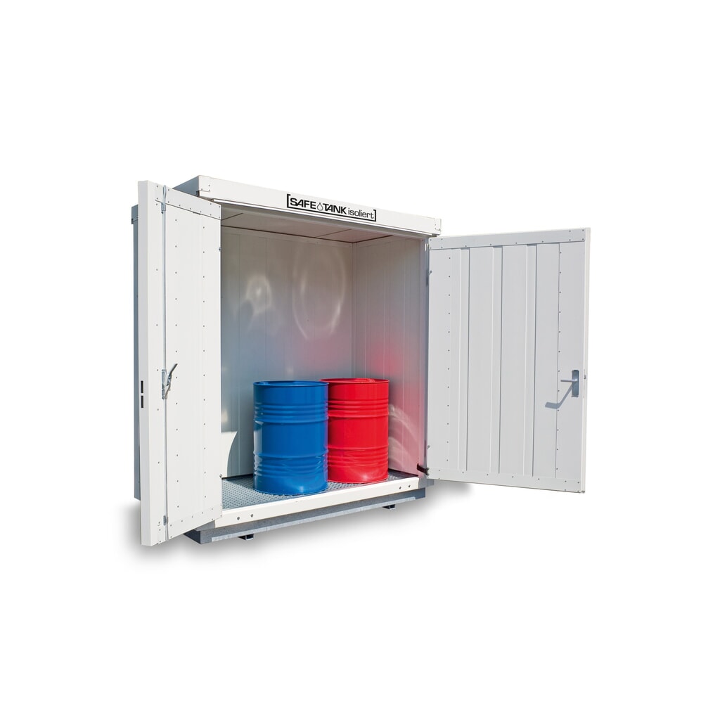 Conteneur pour substances dangereuses SAFE Tank 300 WGK, isolé, monté, revêtement plastique RAL 9002, dimensions extérieures 2 100x1 140x2 520 mm, porte à doubles battants (division asymétrique), au centre du côté large, surface de stockage Illustration du produit: Conteneur pour substances dangereuses SAFE Tank 300 WGK, isolé, monté, revêtement plastique RAL 9002, dimensions extérieures 2 100x1 140x2 520 mm, porte à doubles battants (division asymétrique), au centre du côté large, surface de stockage