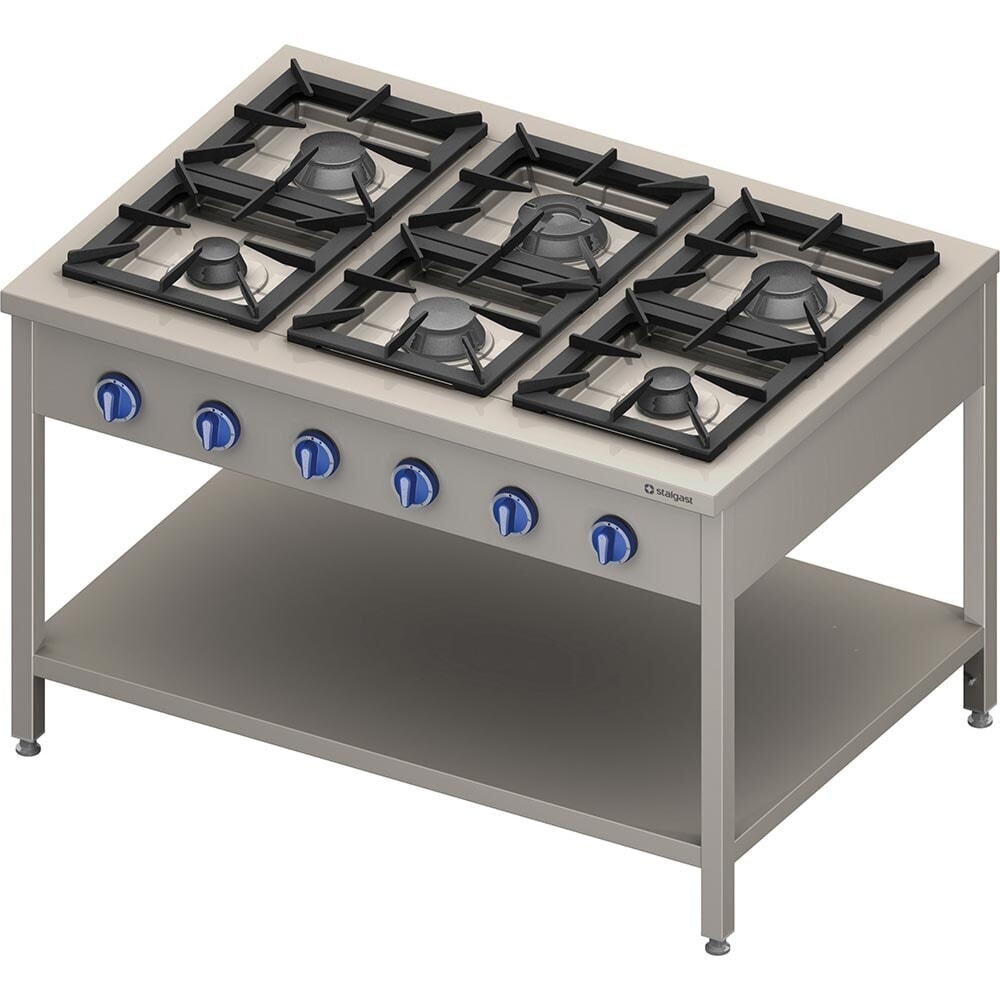 Illustration du produit: Cuisinière à gaz Stalgast série 900 – 6 feux (3,5+3x5+2x7), 32,5 kW, G20, 1300 x 900 x 850 mm (L x P x H)