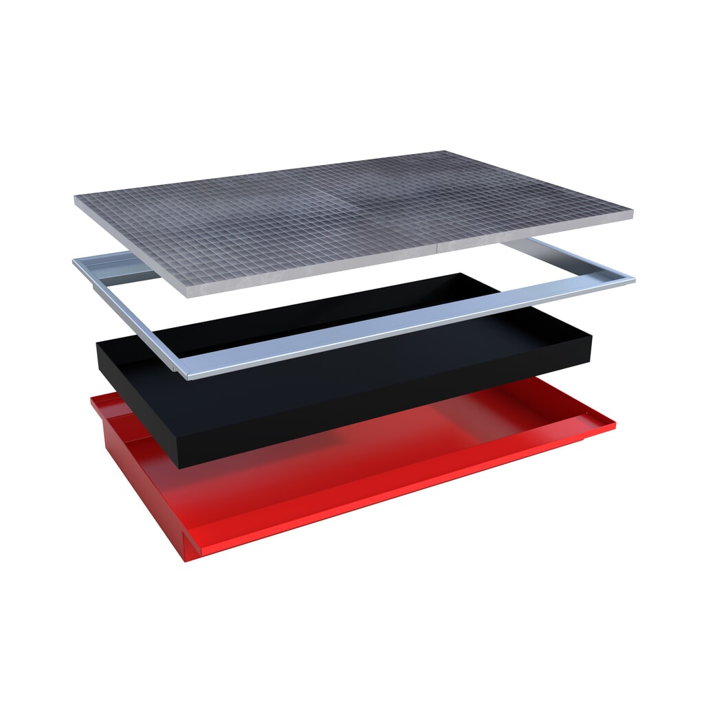 Bauer® bac de rétention à suspendre en acier avec insert en polyéthylène EHW 1800 PE, peint, rouge feu N° de l'image du produit 2 : Bauer® bac de rétention à suspendre en acier avec insert en polyéthylène EHW 1800 PE, peint, rouge feu