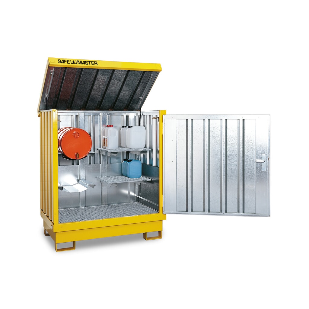 Dépôt de Matériau dangereuses, galvanisé et peint, 2x 200 litres, HxLxP 1,685 x 1,420 x 1,080 mm, jaune de sécurité Illustration du produit: Dépôt de Matériau dangereuses, galvanisé et peint, 2x 200 litres, HxLxP 1,685 x 1,420 x 1,080 mm, jaune de sécurité