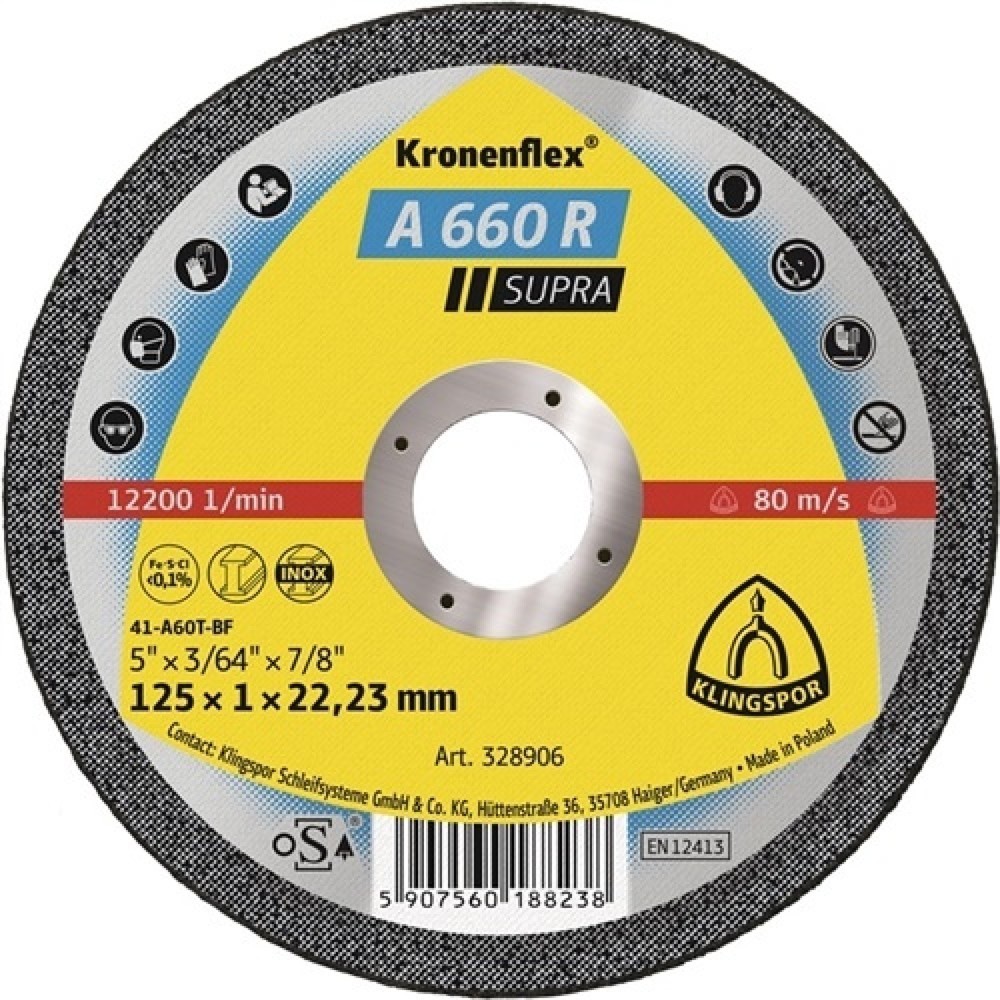 Illustration du produit: Disque à tronçonner A 660 R Supra D125x1 mm droit INOX perçage 22,23 mm KLINGSPO