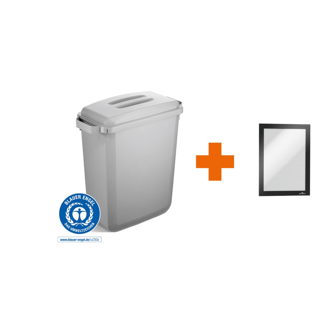 DURABLE Conteneur à déchets DURABIN® ECO 60L avec couvercle + cadre d’affichage DURAFRAME®, gris N° de l'image du produit 1 : DURABLE Conteneur à déchets DURABIN® ECO 60L avec couvercle + cadre d’affichage DURAFRAME®, gris