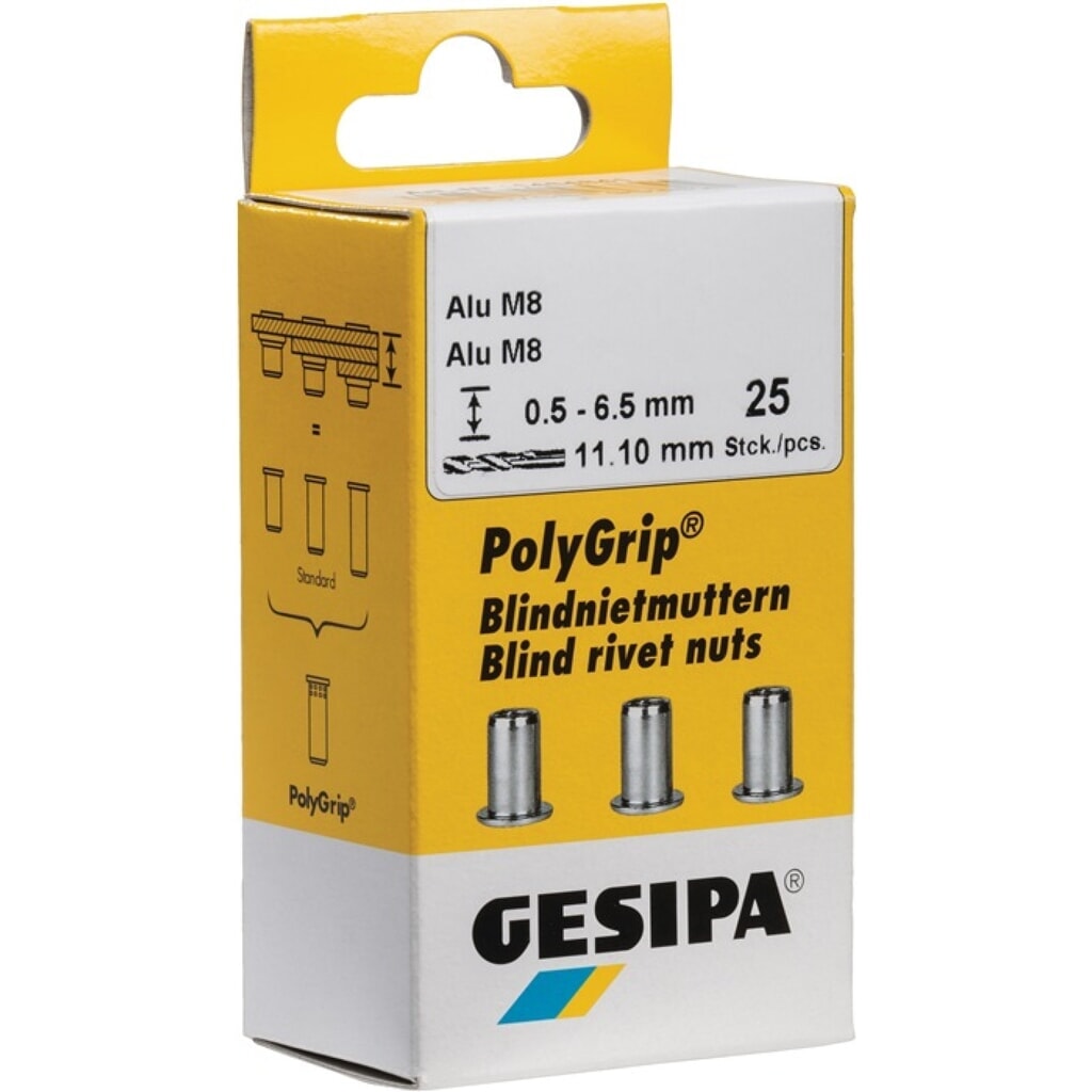 Écrou à river PolyGrip® tige de rivet D. x l. 9 x 18 mm M6 ALU 25 pièce GESIPA Illustration du produit: Écrou à river PolyGrip® tige de rivet D. x l. 9 x 18 mm M6 ALU 25 pièce GESIPA