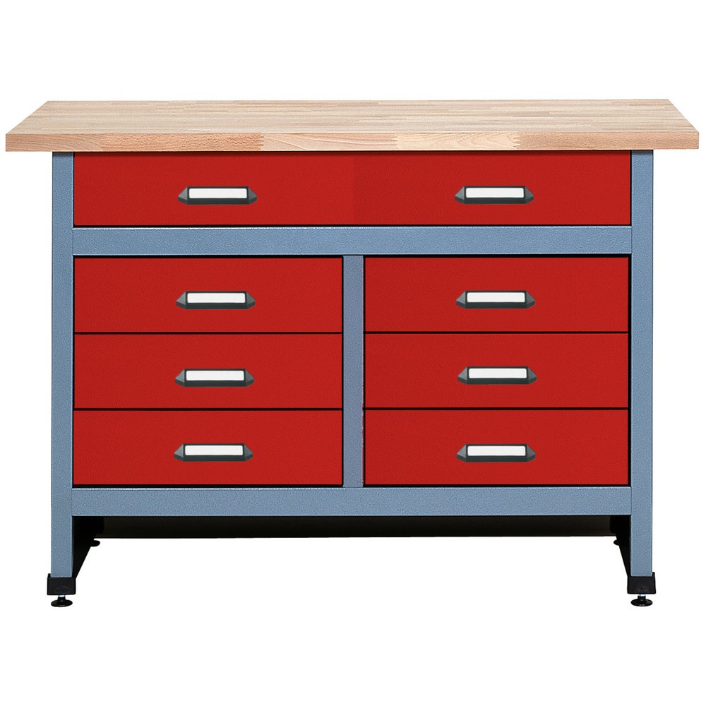 Illustration du produit: Établi avec 6 tiroirs de petite taille et un grand tiroir, l x P, 1 200 x 600 mm, rouge
