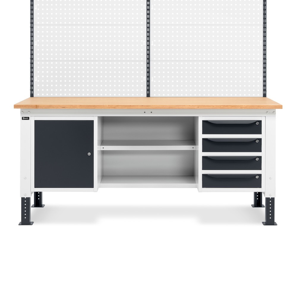 N° de l'image du produit 2 : Établi Fami, réglable en Hauteur de construction, avec Mur multifonction, 4 tiroirs, Armoire, Paroi arrière avec 2 étagères, capacité de charge 1 000 kg, HxLxP 740-1,110 x 2 000 x 750 mm, gris clair/RAL 7016 gris anthracite RAL 7016