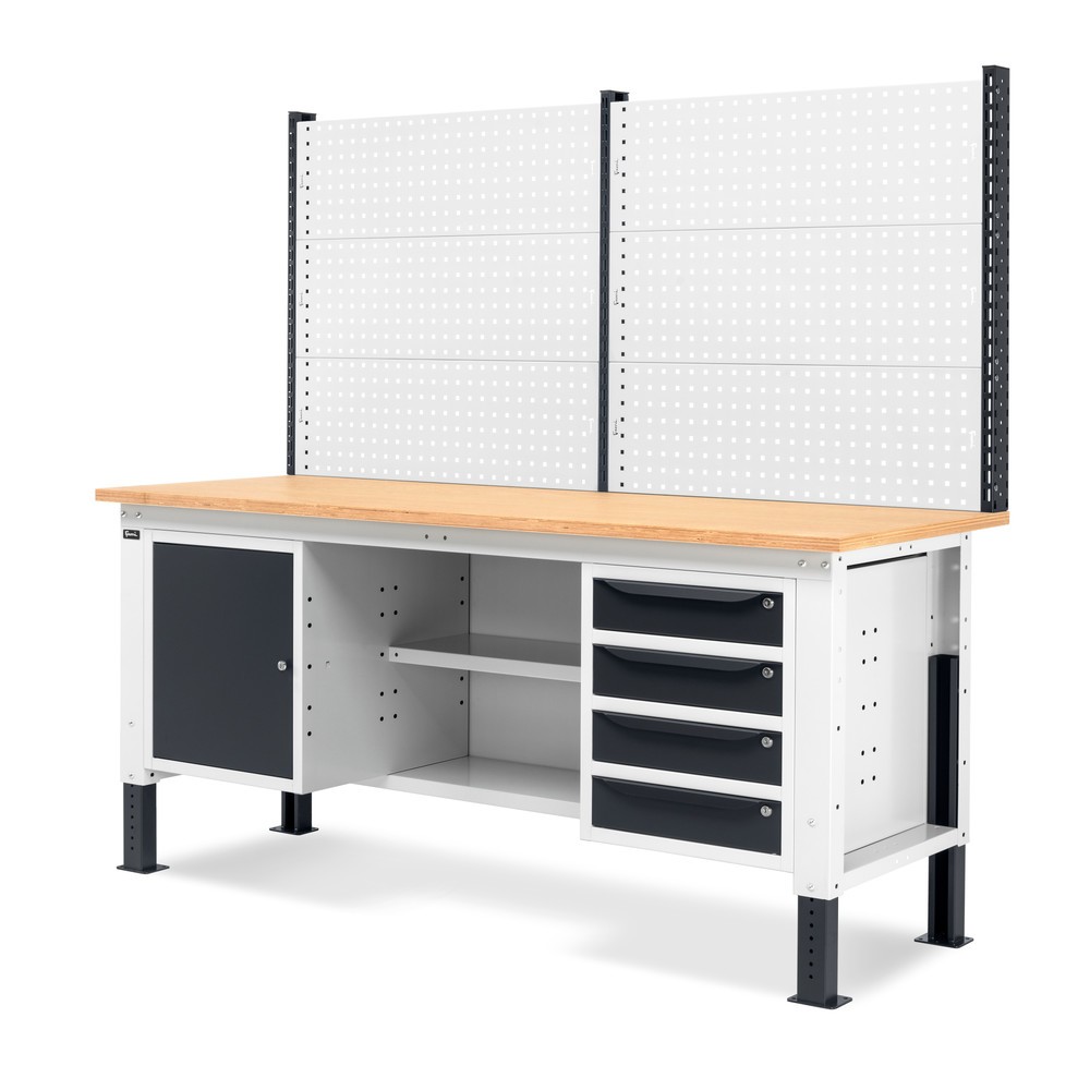 N° de l'image du produit 3 : Établi Fami, réglable en Hauteur de construction, avec Mur multifonction, 4 tiroirs, Armoire, Paroi arrière avec 2 étagères, capacité de charge 1 000 kg, HxLxP 740-1,110 x 2 000 x 750 mm, gris clair/RAL 7016 gris anthracite RAL 7016