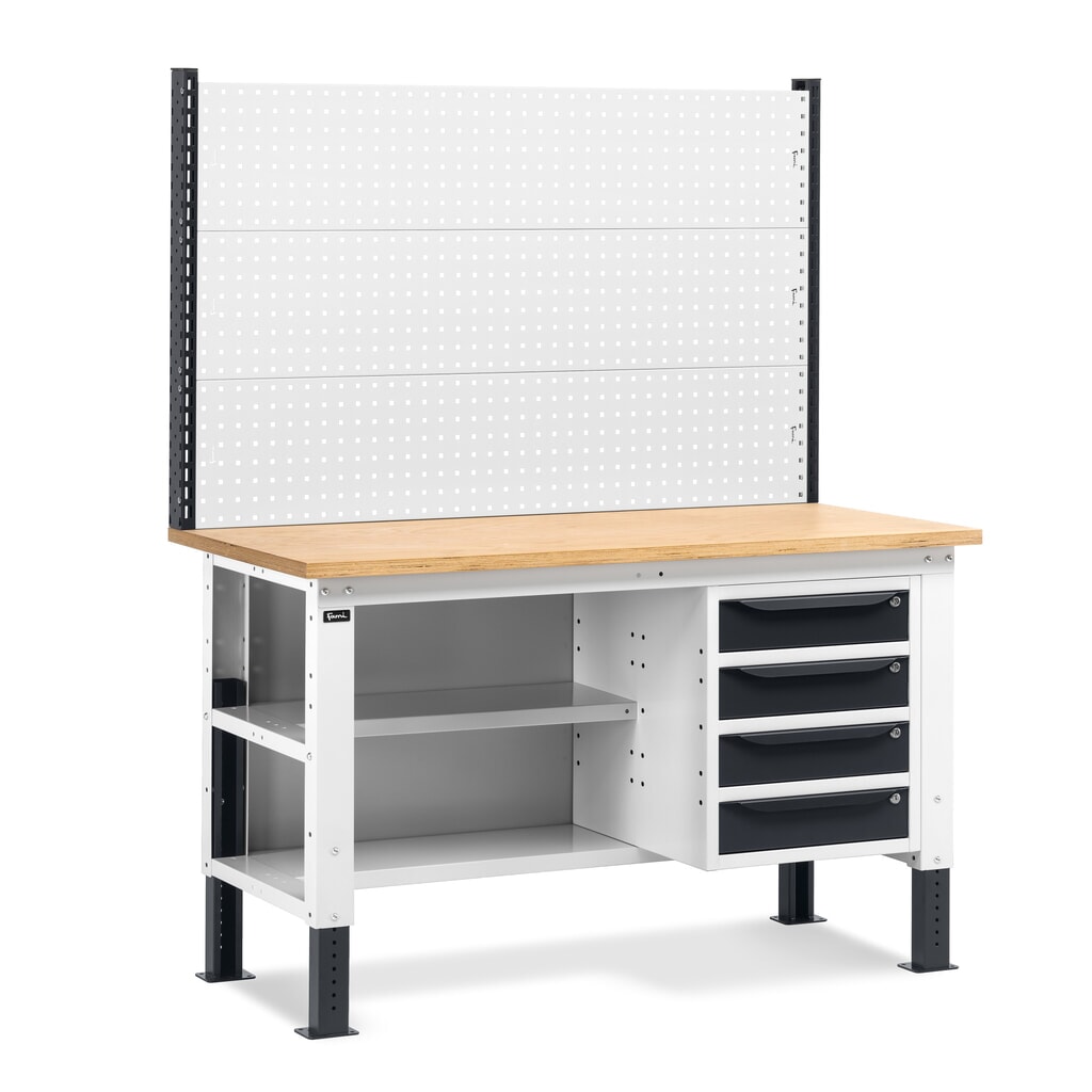 Établi Fami, réglable en Hauteur de construction, avec Mur multifonction, 4 tiroirs, Paroi arrière avec 2 étagères, capacité de charge 1 000 kg, HxLxP 740-1,110 x 1 500 x 750 mm, gris clair/RAL 7016 gris anthracite RAL 7016 Illustration du produit: Établi Fami, réglable en Hauteur de construction, avec Mur multifonction, 4 tiroirs, Paroi arrière avec 2 étagères, capacité de charge 1 000 kg, HxLxP 740-1,110 x 1 500 x 750 mm, gris clair/RAL 7016 gris anthracite RAL 7016