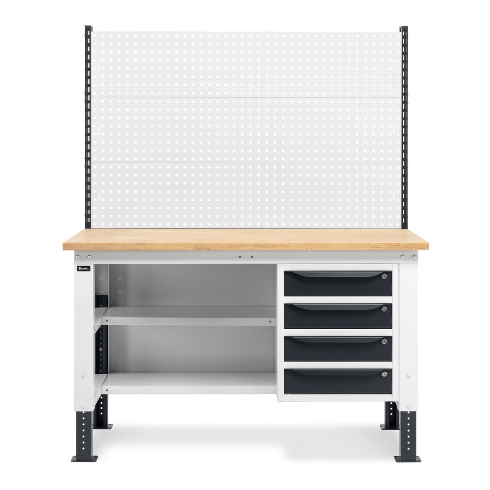 N° de l'image du produit 3 : Établi Fami, réglable en Hauteur de construction, avec Mur multifonction, 4 tiroirs, Paroi arrière avec 2 étagères, capacité de charge 1 000 kg, HxLxP 740-1,110 x 1 500 x 750 mm, gris clair/RAL 7016 gris anthracite RAL 7016