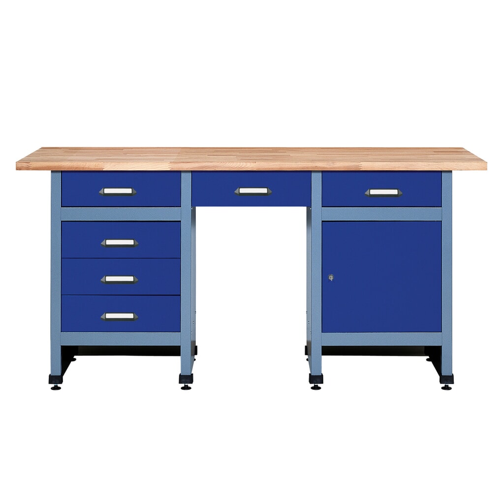Établi avec bloc-tiroirs + porte + espace d’assise, l x P, 1 700 x 600 mm, bleu Illustration du produit: Établi avec bloc-tiroirs + porte + espace d’assise, l x P, 1 700 x 600 mm, bleu