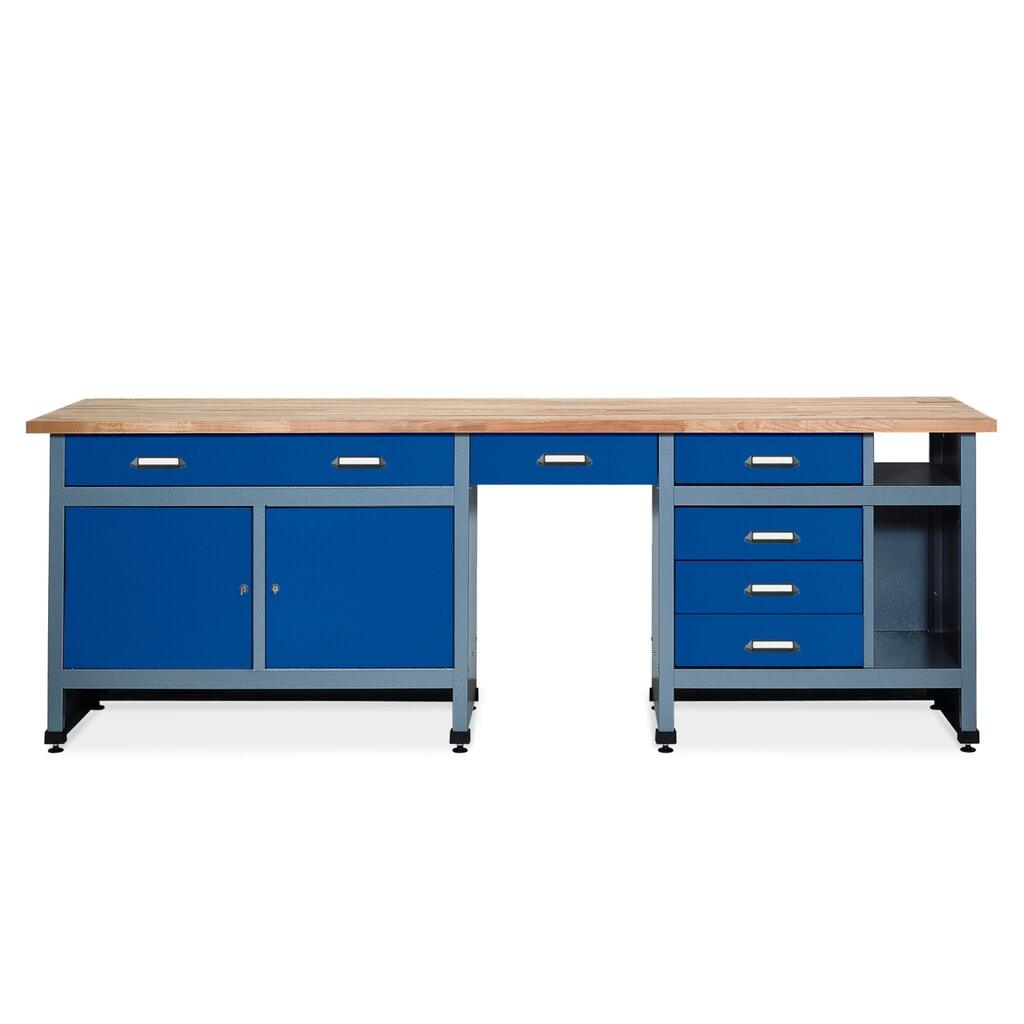 Établi avec bloc-tiroir + 2 portes + espace d’assise, l x P, 2 400 x 600 mm, bleu Illustration du produit: Établi avec bloc-tiroir + 2 portes + espace d’assise, l x P, 2 400 x 600 mm, bleu