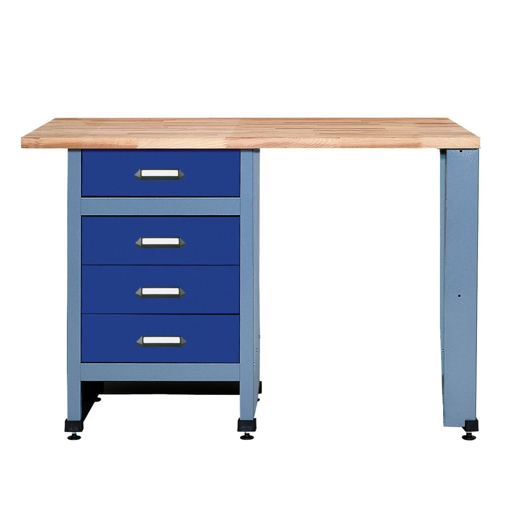 Illustration du produit: Établi avec 4 tiroirs + espace d’assise, l x P, 1 200 x 600 mm, bleu