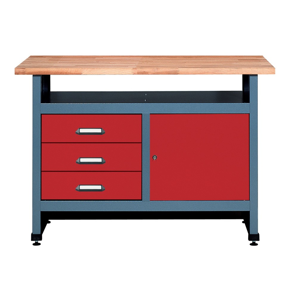Illustration du produit: Établi avec 3 tiroirs + porte + compartiment de rangement, l x P, 1 200 x 600 mm, rouge