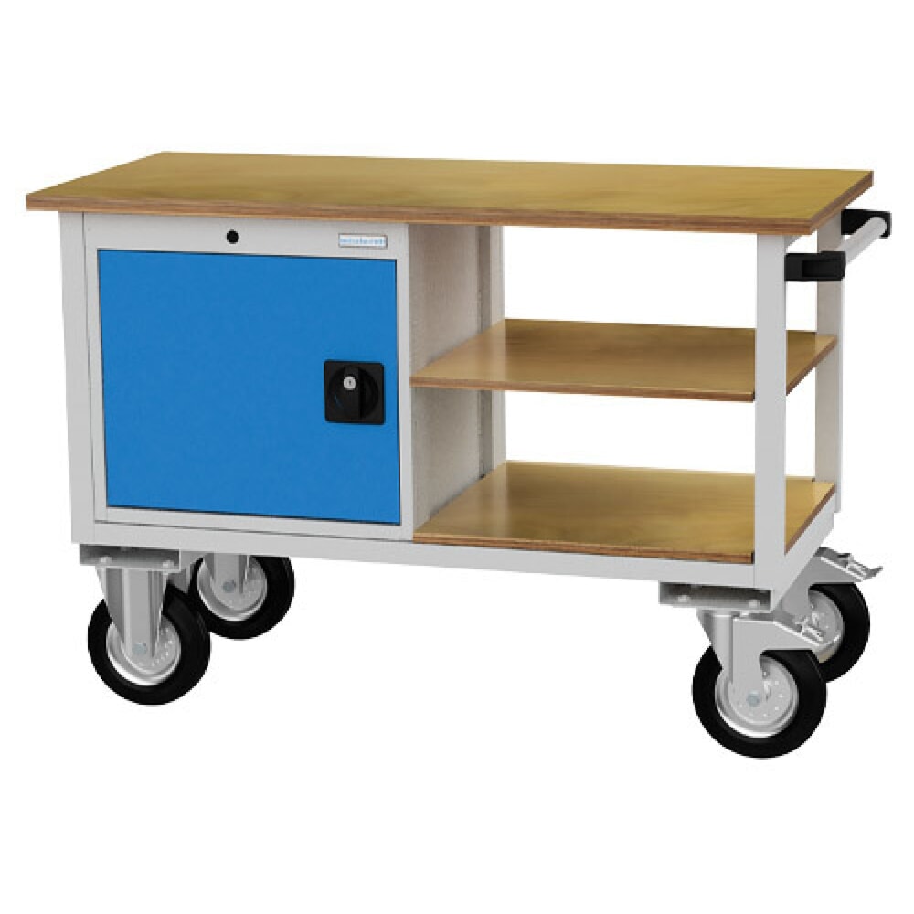 Illustration du produit: Établi mobile R 18-16 Bedrunka+Hirth, H x l x P 820 x 1 200 x 540 mm, gris clair, bleu clair, 2 tablettes, 1 porte battante 1 x 400 mm