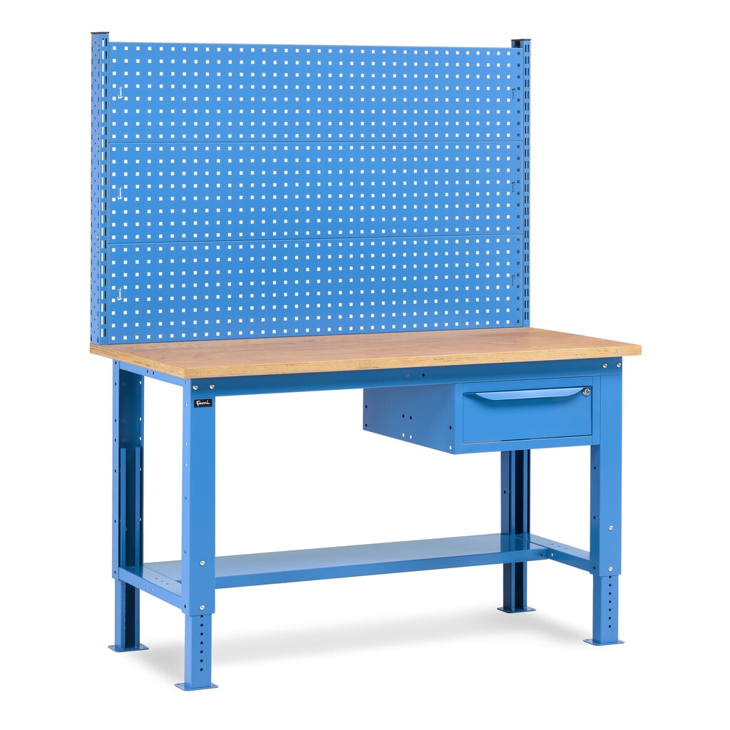Établi Fami, réglable en Hauteur de construction, avec Mur multifonction et 1 tiroir, capacité de charge 1 000 kg, HxLxP 740-1,110 x 1500 x 750 mm, RAL 5012 bleu clair Illustration du produit: Établi Fami, réglable en Hauteur de construction, avec Mur multifonction et 1 tiroir, capacité de charge 1 000 kg, HxLxP 740-1,110 x 1500 x 750 mm, RAL 5012 bleu clair