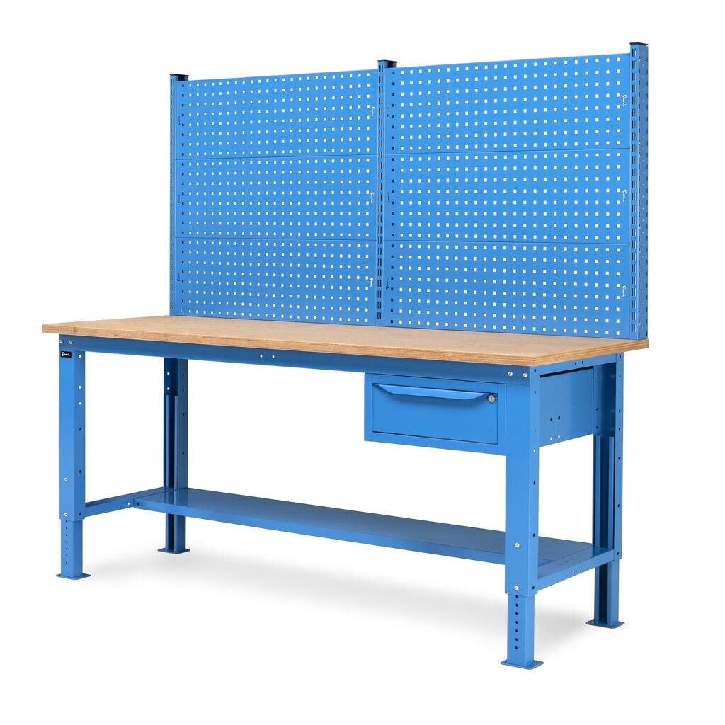 N° de l'image du produit 4 : Établi Fami, réglable en Hauteur de construction, avec Mur multifonction et 1 tiroir, capacité de charge 1 000 kg, HxLxP 740-1 110 x 2 000 x 750 mm, bleu clair RAL 5012