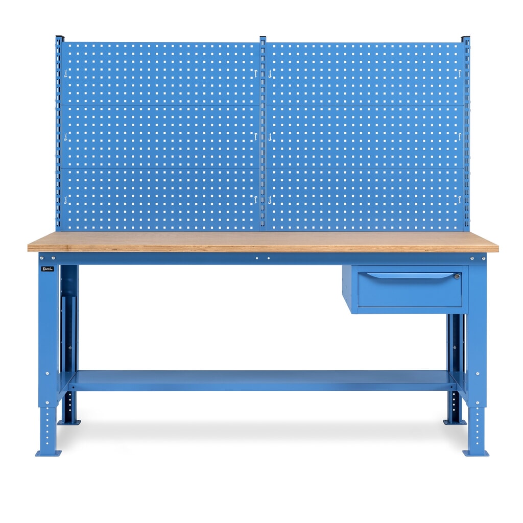 Établi Fami, réglable en Hauteur de construction, avec Mur multifonction et 1 tiroir, capacité de charge 1 000 kg, HxLxP 740-1 110 x 2 000 x 750 mm, bleu clair RAL 5012 N° de l'image du produit 5 : Établi Fami, réglable en Hauteur de construction, avec Mur multifonction et 1 tiroir, capacité de charge 1 000 kg, HxLxP 740-1 110 x 2 000 x 750 mm, bleu clair RAL 5012