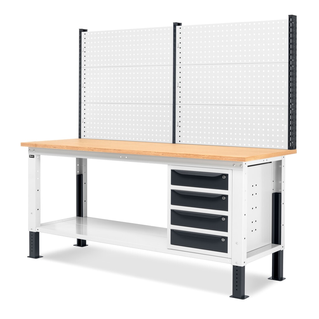 Établi Fami, réglable en Hauteur de construction, avec Mur multifonction et 4 tiroirs, capacité de charge 1 000 kg, HxLxP 740-1,110 x 2 000 x 750 mm, gris clair RAL 7035 /gris anthracite RAL 7016 N° de l'image du produit 4 : Établi Fami, réglable en Hauteur de construction, avec Mur multifonction et 4 tiroirs, capacité de charge 1 000 kg, HxLxP 740-1,110 x 2 000 x 750 mm, gris clair RAL 7035 /gris anthracite RAL 7016