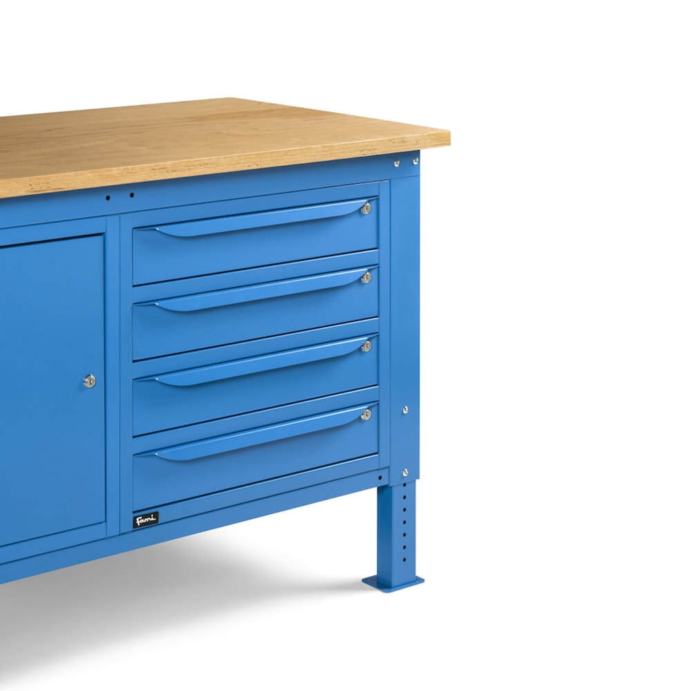 N° de l'image du produit 10 : Établi Fami, réglable en Hauteur de construction, 4 tiroirs et 1 Armoire, capacité de charge 1 000 kg, HxLxP 740-1,110 x 1 500 x 750 mm, RAL 5012 bleu clair
