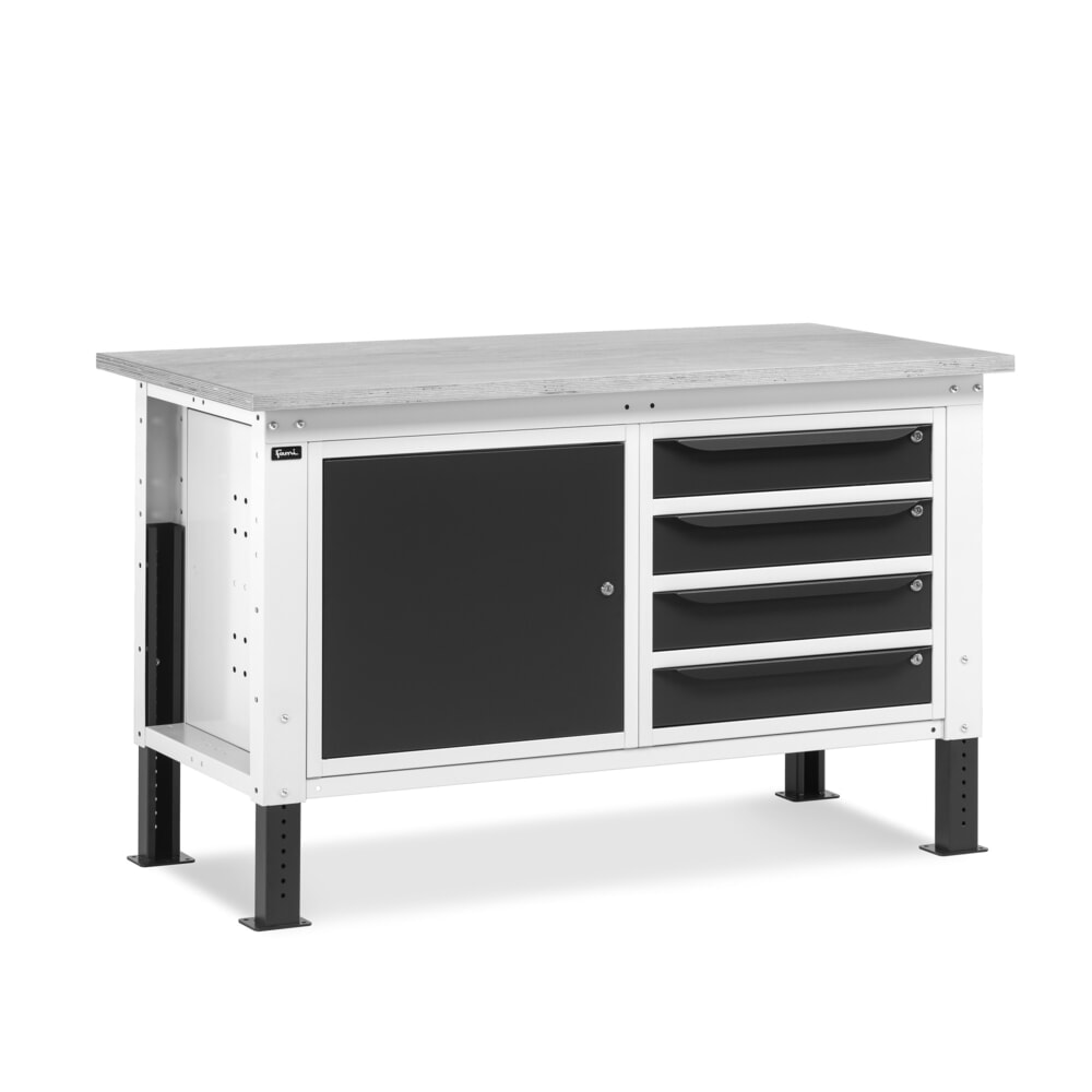 Illustration du produit: Établi Fami, réglable en Hauteur de construction, 4 tiroirs et 1 Armoire, capacité de charge 1 000 kg, HxLxP 740-1,110 x 1 500 x 750 mm, gris clair/RAL 7016 gris anthracite RAL 7016