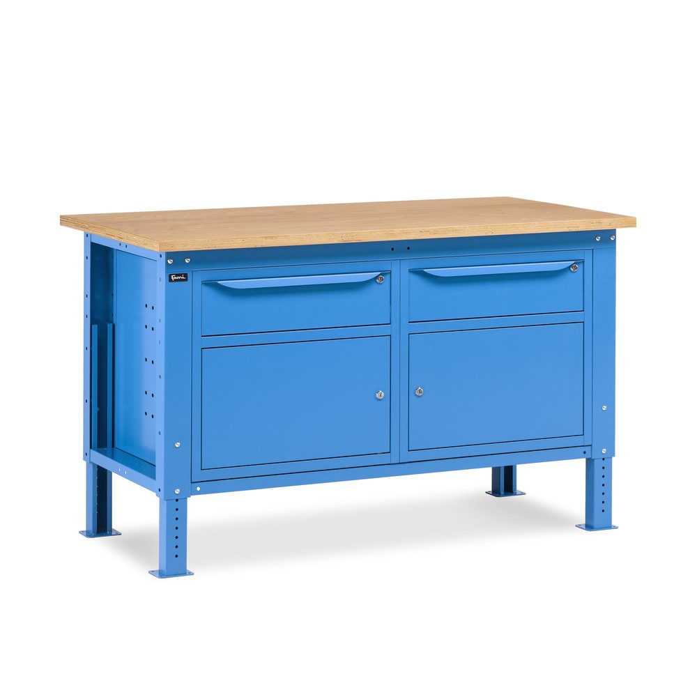 Illustration du produit: Établi Fami, réglable en Hauteur de construction, 2 tiroirs et 2 placards, capacité de charge 1 000 kg, HxLxP 740-1,110 x 1 500 x 750 mm, RAL 5012 bleu clair