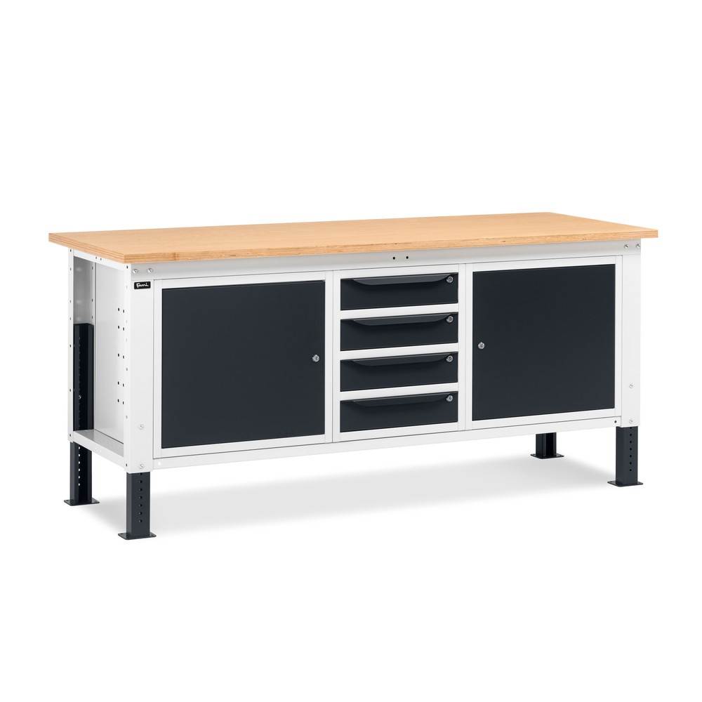 Illustration du produit: Établi Fami, réglable en Hauteur de construction, 4 tiroirs et 2 armoires, capacité de charge 1 000 kg, HxLxP 740-1,110 x 2 000 x 750 mm, gris clair RAL 7035 /gris anthracite RAL 7016