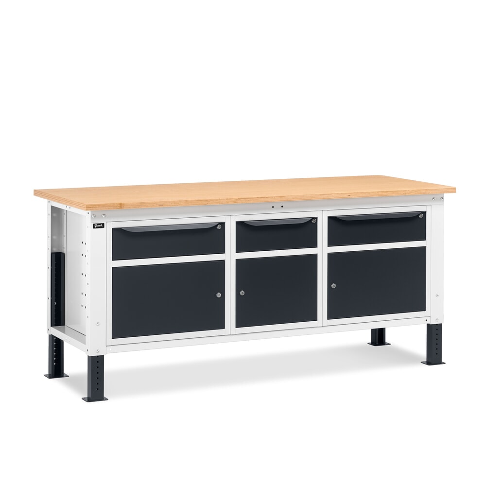 Illustration du produit: Établi Fami, réglable en Hauteur de construction, 3 tiroirs et 3 armoires, capacité de charge 1 000 kg, HxLxP 740-1,110 x 2 000 x 750 mm, gris clair RAL 7035 /gris anthracite RAL 7016