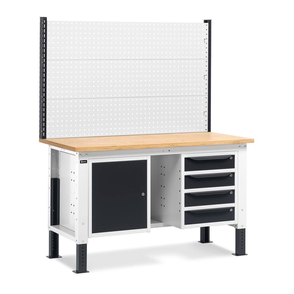 Illustration du produit: Établi Fami, réglable en Hauteur de construction, avec Mur multifonction, 4 tiroirs (espace) et Armoire, capacité de charge 1 000 kg, HxLxP 740-1,110 x 1 500 x 750 mm, gris clair RAL 7035 /gris anthracite RAL 7016