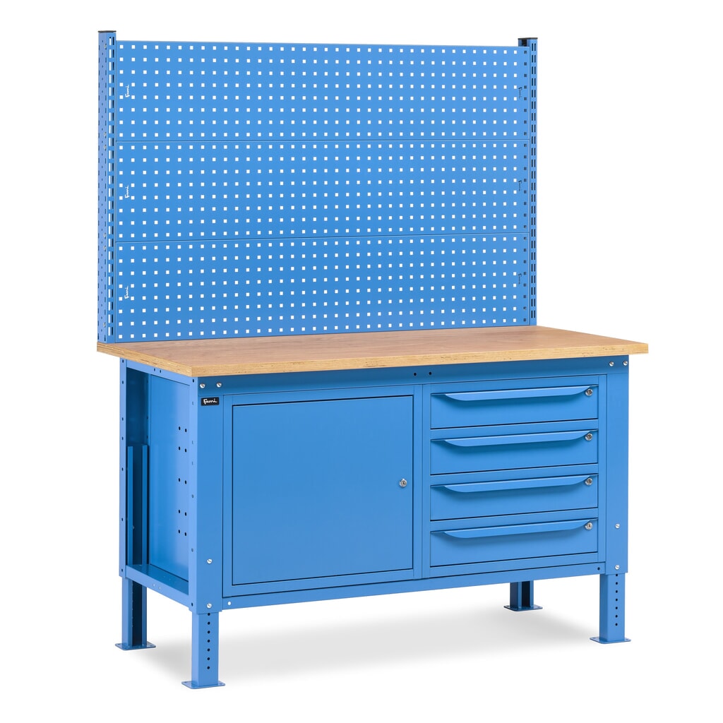 Établi Fami, réglable en Hauteur de construction, avec Mur multifonction, 4 tiroirs et Armoire, capacité de charge 1 000 kg, HxLxP 740-1,110 x 1 500 x 750 mm, RAL 5012 bleu clair Illustration du produit: Établi Fami, réglable en Hauteur de construction, avec Mur multifonction, 4 tiroirs et Armoire, capacité de charge 1 000 kg, HxLxP 740-1,110 x 1 500 x 750 mm, RAL 5012 bleu clair