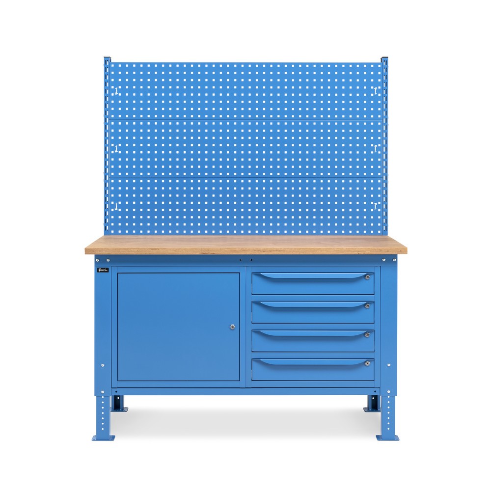 N° de l'image du produit 3 : Établi Fami, réglable en Hauteur de construction, avec Mur multifonction, 4 tiroirs et Armoire, capacité de charge 1 000 kg, HxLxP 740-1,110 x 1 500 x 750 mm, RAL 5012 bleu clair
