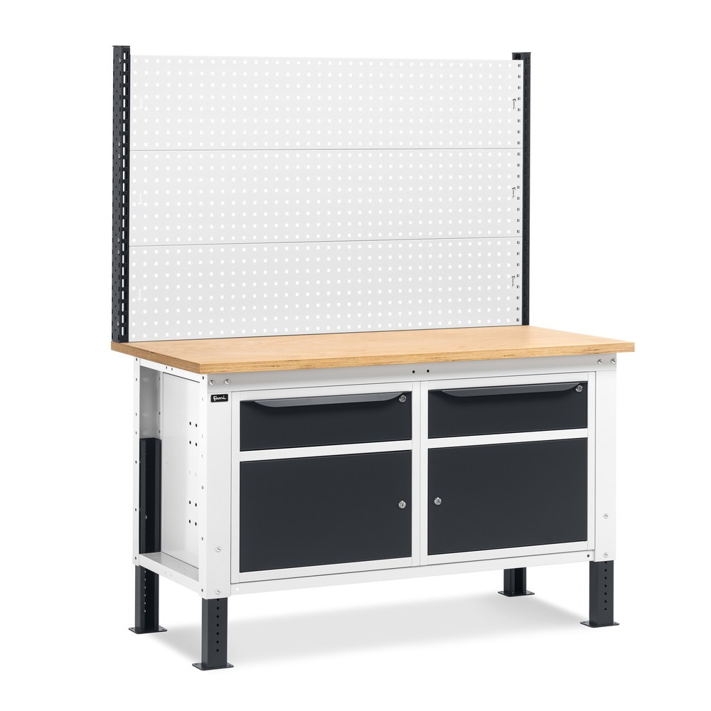 Illustration du produit: Établi Fami, réglable en Hauteur de construction, avec Mur multifonction, 2 tiroirs et 2 armoires, capacité de charge 1 000 kg, HxLxP 740-1,110 x 1 500 x 750 mm, gris clair/RAL 7016 gris anthracite RAL 7016