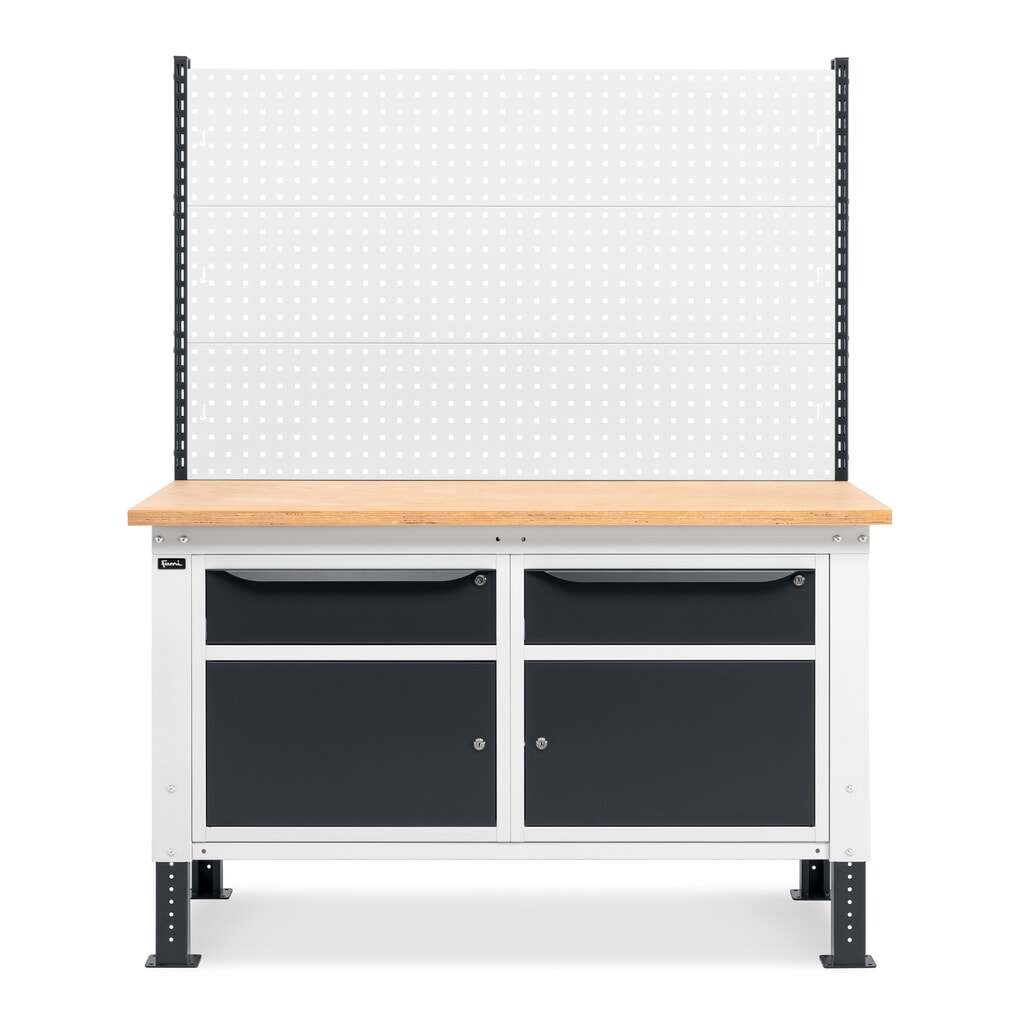 Établi Fami, réglable en Hauteur de construction, avec Mur multifonction, 2 tiroirs et 2 armoires, capacité de charge 1 000 kg, HxLxP 740-1,110 x 1 500 x 750 mm, gris clair/RAL 7016 gris anthracite RAL 7016 N° de l'image du produit 3 : Établi Fami, réglable en Hauteur de construction, avec Mur multifonction, 2 tiroirs et 2 armoires, capacité de charge 1 000 kg, HxLxP 740-1,110 x 1 500 x 750 mm, gris clair/RAL 7016 gris anthracite RAL 7016